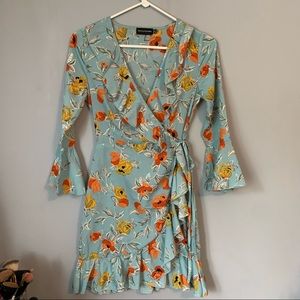 floral long sleeve wrap dress